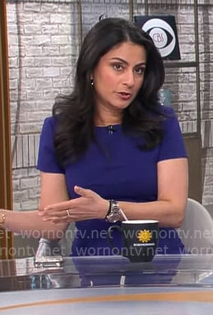 Dr. Celine Gounder’s purple short sleeve dress on CBS Mornings