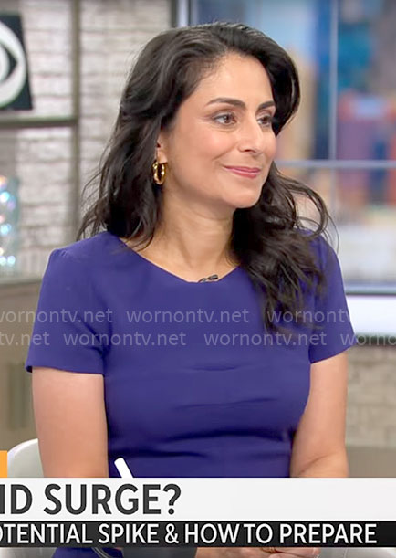 Dr. Celine Gounder’s purple short sleeve dress on CBS Mornings