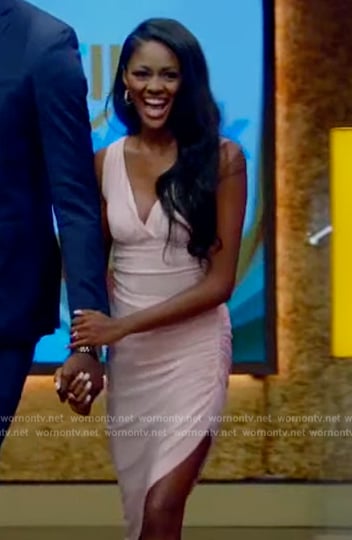 Charity’s pink sleeveless asymmetric dress on Live with Kelly and Mark