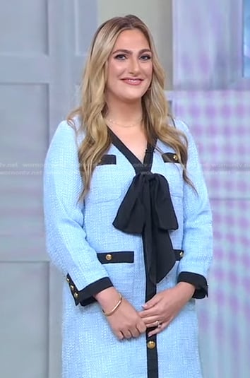 Catherine Mootz’s blue contrast tie neck dress on Good Morning America
