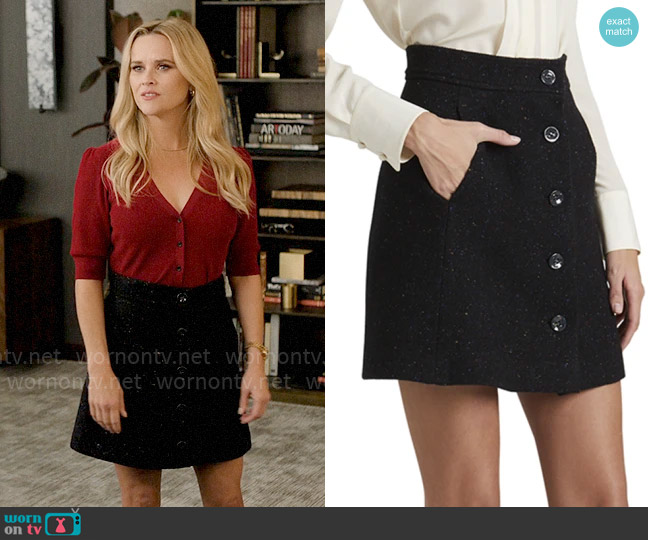 Chloe Speckled Button-Front A-Line Mini Skirt worn by Bradley Jackson (Reese Witherspoon) on The Morning Show