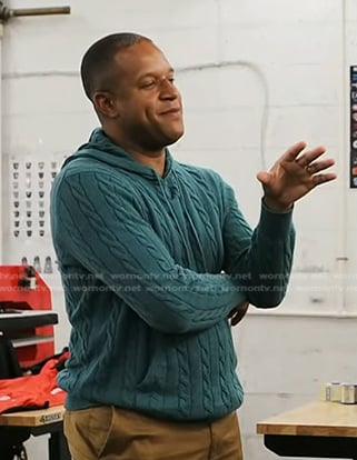 Craig Melvin’s teal green cable knit hoodie sweater on Today