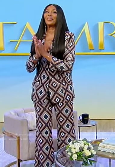 Cynthia Bailey’s geometric print metallic suit on Tamron Hall Show