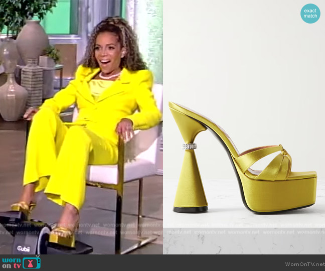 D'Accori Sienna leather-trimmed embellished satin platform mules worn by Sunny Hostin on The View