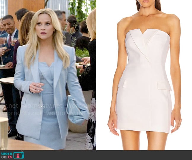David Koma Tuxedo Tailored Strapless Mini Dress worn by Bradley Jackson (Reese Witherspoon) on The Morning Show