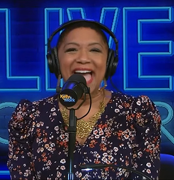 Deja Vu’s blue floral print wrap dress on Live with Kelly and Mark