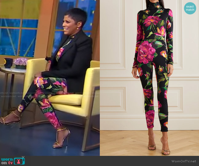 Dolce & Gabbana Floral-Print Stretch-Jersey Turtleneck Jumpsuit in Rose Fdo Nero