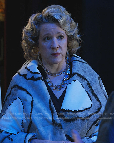 Donna’s printed wrap coat on Only Murders in the Building