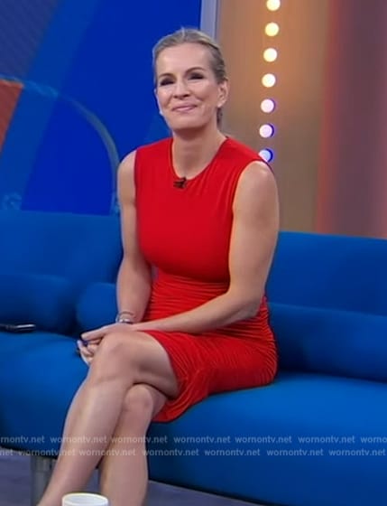 Jennifer’s red sleeveless ruched dress on Good Morning America