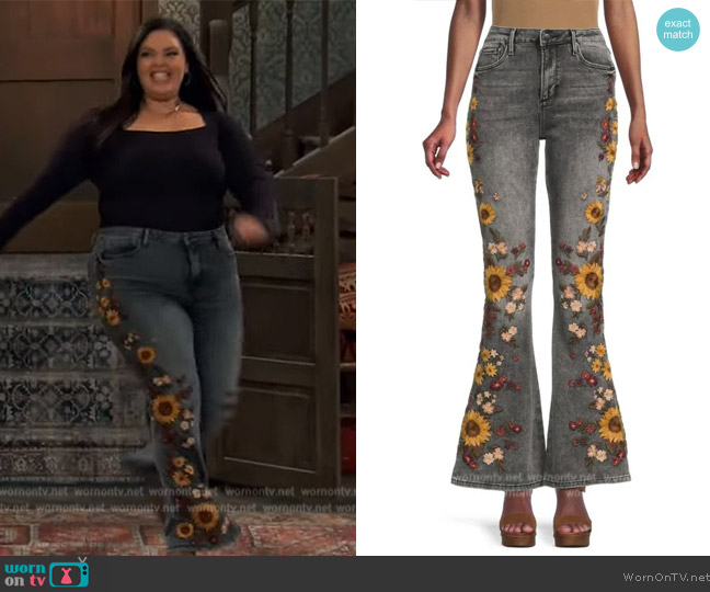 Driftwood Farrah High Rise Sunflower Flare Jeans worn by Lou Hockhauser (Miranda May) on Bunkd