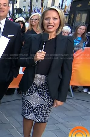 Dylan’s black puff sleeve blazer and lace skirt on Today