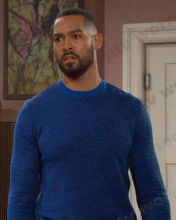 Eli’s blue geometric sweater on Days of our Lives