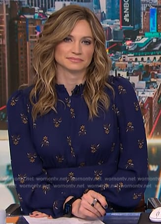 Ellison Barber’s navy floral long sleeve dress on NBC News Daily