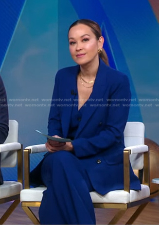 Eva’s blue vest and pant suit on Good Morning America