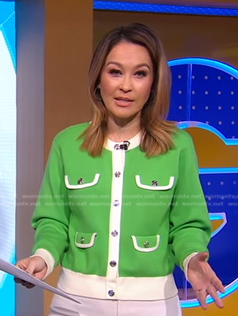 Eva’s green contrast trim cardigan on Good Morning America