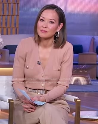 Eva’s pink beige cardigan with gold buttons on Good Morning America