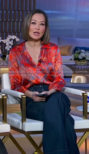 Eva’s red paisley print blouse and jeans on Good Morning America