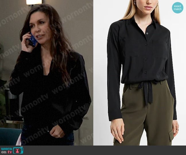 Express Relaxed Cinched Tie Bottom Portofino Shirt worn by Anna Devane (Finola Hughes) on General Hospital