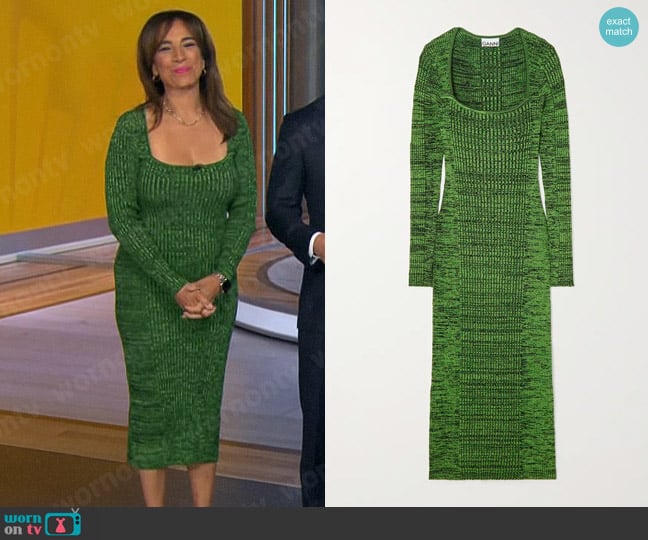 Ganni Ribbed-knit midi dress worn by Michelle Miller on CBS Mornings