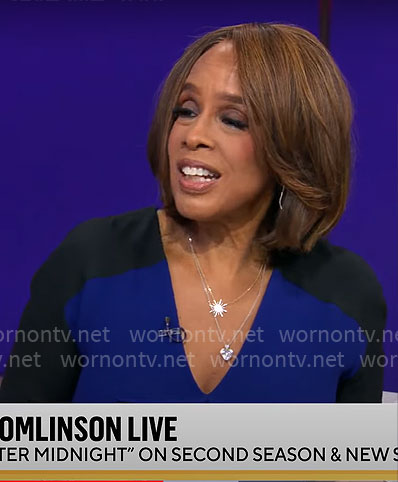 Gayle King’s blue and black colorblock dress on CBS Mornings