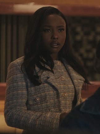 Jemma’s blue tweed blazer and dress on The Chi