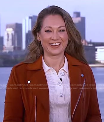 Ginger’s white cable knit sweater and moto jacket on Good Morning America