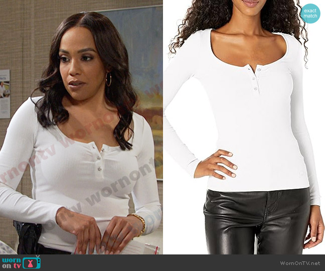 Guess Eco White Karlee Long Sleeve Henley T-Shirt worn by Jada Hunter (Elia Cantu) on Days of our Lives