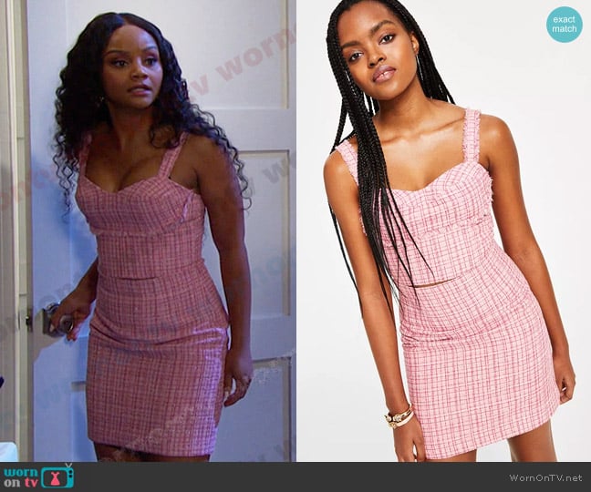 Guess Emily Tweed Cropped Bustier Top worn by Chanel Dupree (Raven Bowens) on Days of our Lives