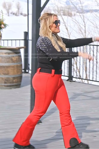 Heather’s embellished turtlneck top and red pants on The Real Housewives of Salt Lake City