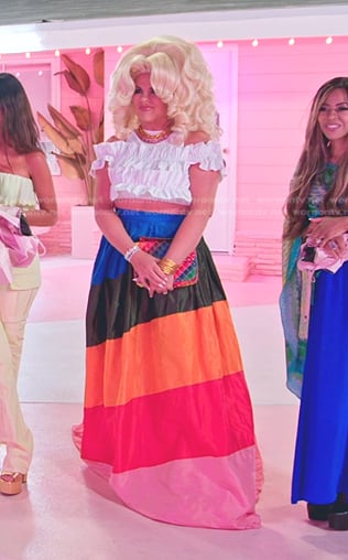 Heather’s white ruffle top and rainbow skirt on The Real Housewives of Salt Lake City