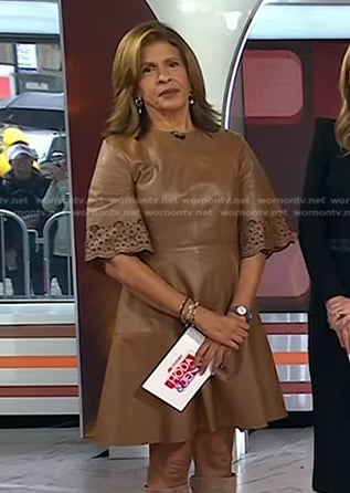 Hoda’s brown laser cut sleeve leather dress on Today