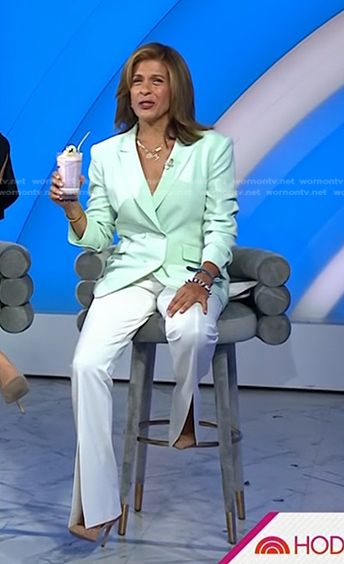 Hoda’s mint green blazer and white slit pants on Today