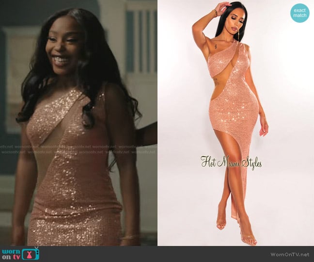 Hot Miami Styles Mesh One Shoulder Asymmetrical Slit Maxi Dress in Rose Gold worn by Jemma St. John (Judae'a) on The Chi