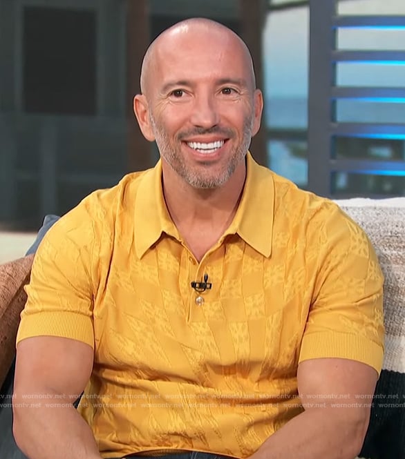Jason Oppenheim’s yellow polo on Access Hollywood