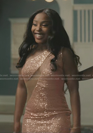 Jemma’s sequin mesh panel dress on The Chi