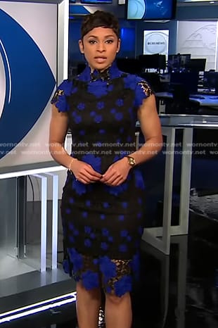 Jericka’s black and blue floral lace dress on CBS Evening News