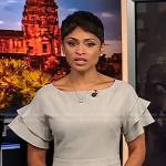 Jericka’s grey ruffle sleeve dress on CBS Evening News