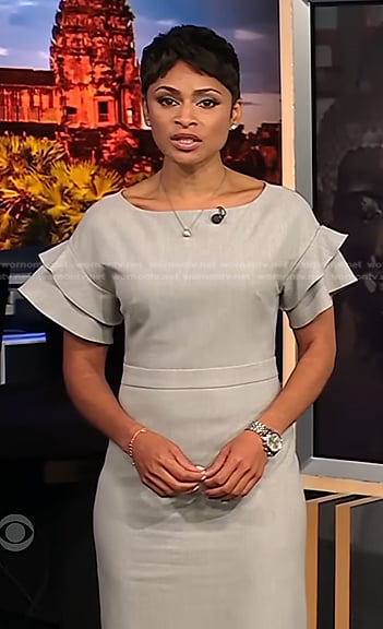 Jericka’s grey ruffle sleeve dress on CBS Evening News