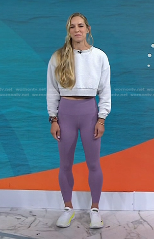 Jes Woods’s grey cropped sweatshirt and purple leggings on Today