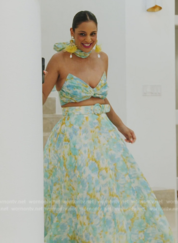 Jessel’s blue floral print top and belted skirt on The Real Housewives of New York City