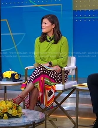 Juju’s green blouse and mixed print skirt on Good Morning America