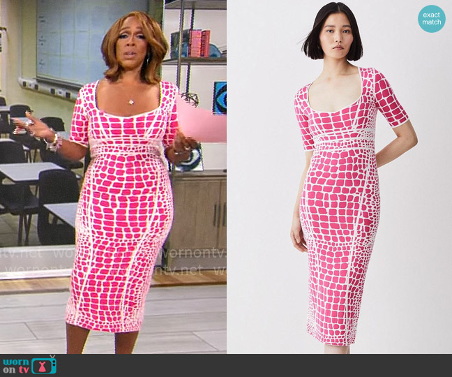 Karen Millen Abstract Jacquard Half Sleeve Knitted Midi Dress worn by Gayle King on CBS Mornings