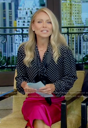 Kelly’s black polka dot blouse on Live with Kelly and Mark
