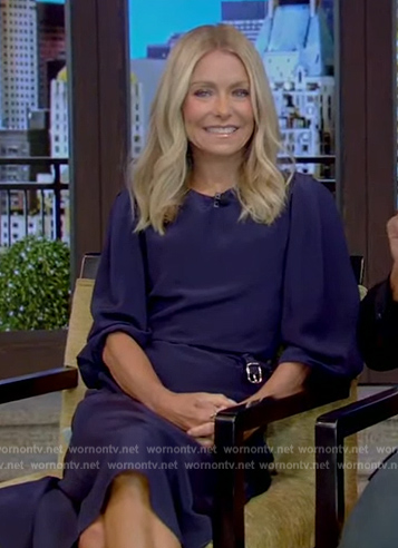 Kelly’s navy belted dress on Live with Kelly and Mark