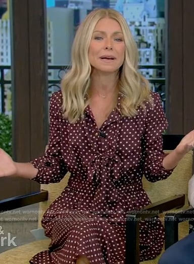 Kelly’s burgundy polka dot tie neck dress on Live with Kelly and Mark
