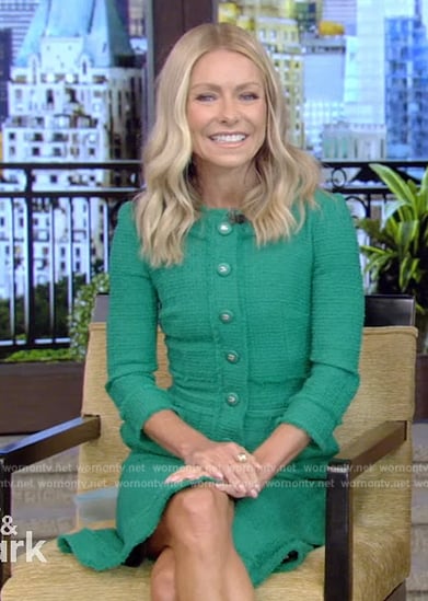Kelly’s green tweed button down dress on Live with Kelly and Mark