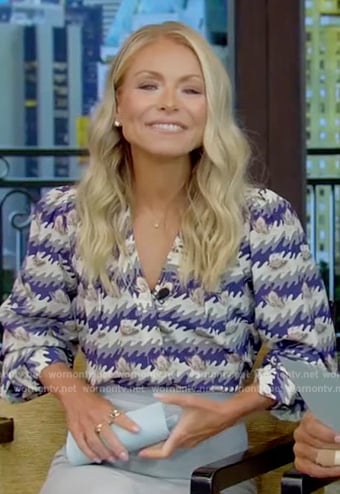 Kelly’s printed v-neck blouse on Live with Kelly and Mark