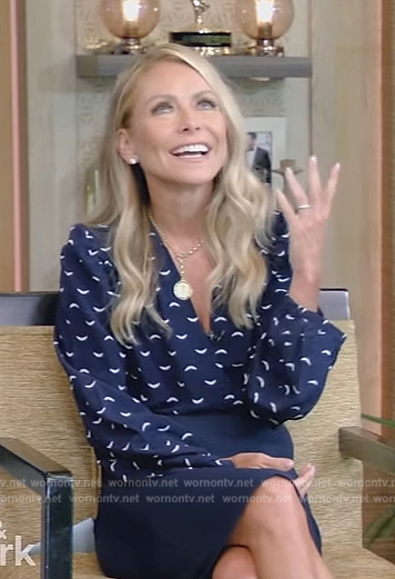 Kelly’s blue printed blouse and skirt on Live with Kelly and Mark