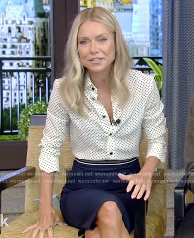 Kelly’s white polka dot print blouse on Live with Kelly and Mark