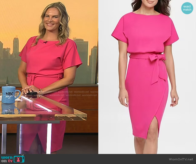 Kensie Textured Knit Self-Tie Waist Faux Wrap Dress in Hot Pink worn by Emily West on Today